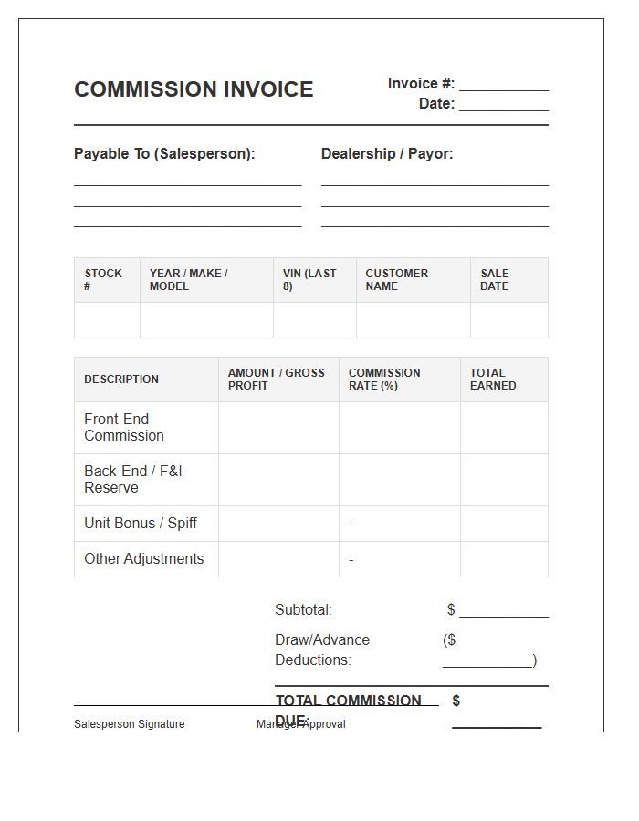 Truck Sales Commission Invoice Template