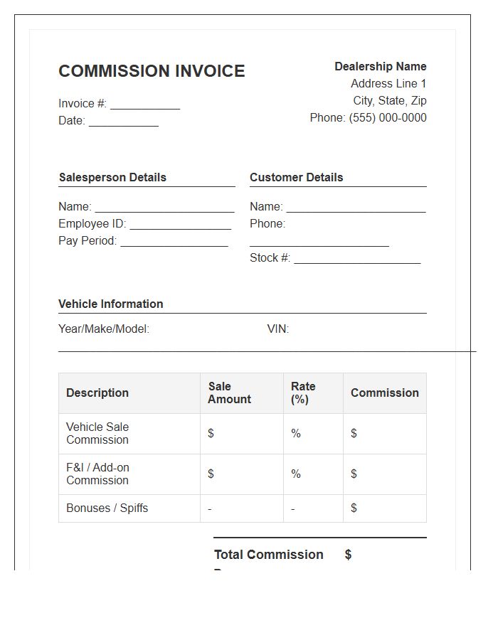 Used Car Sales Commission Invoice Template