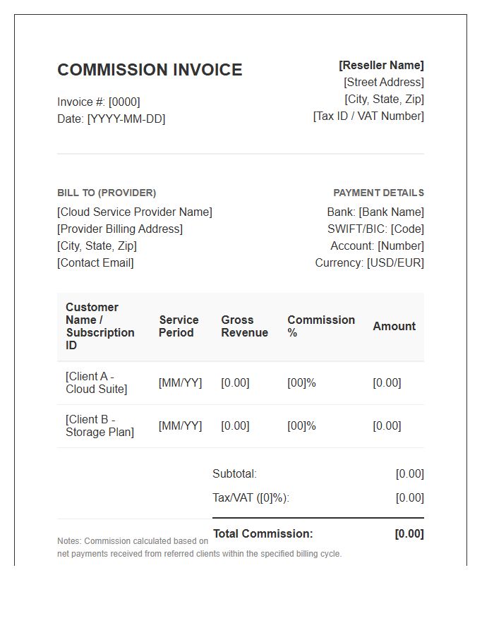 Cloud Service Reseller Commission Invoice Template