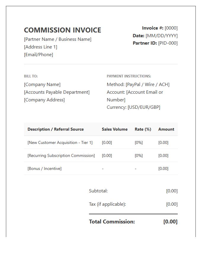 Partner Program Commission Invoice Template