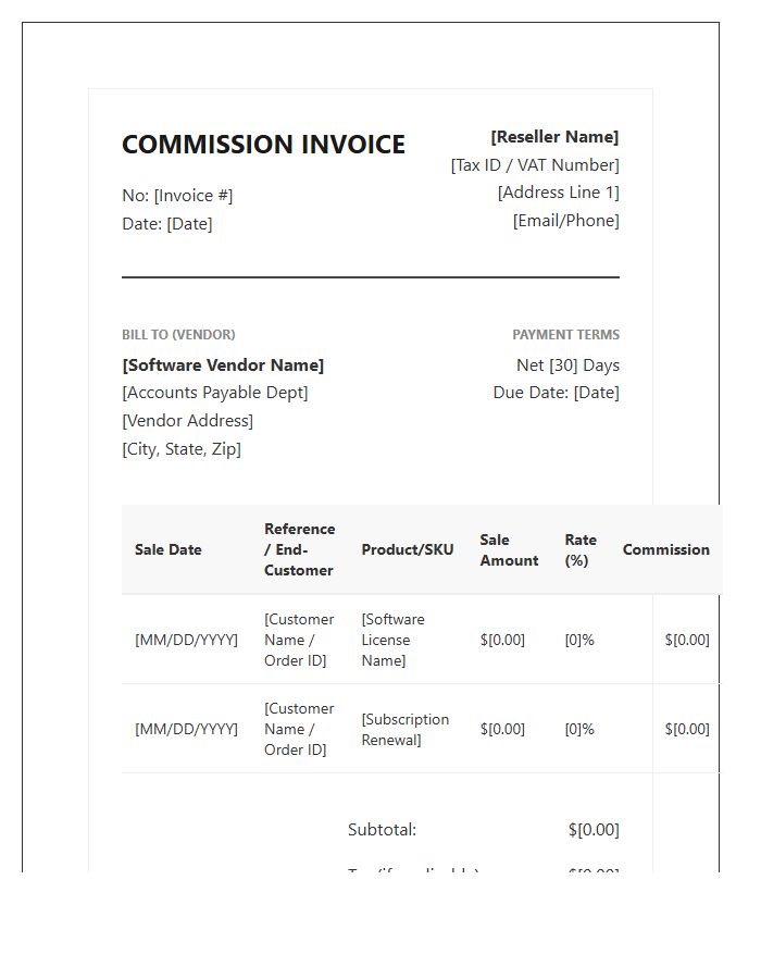 Professional Software Reseller Commission Invoice Template