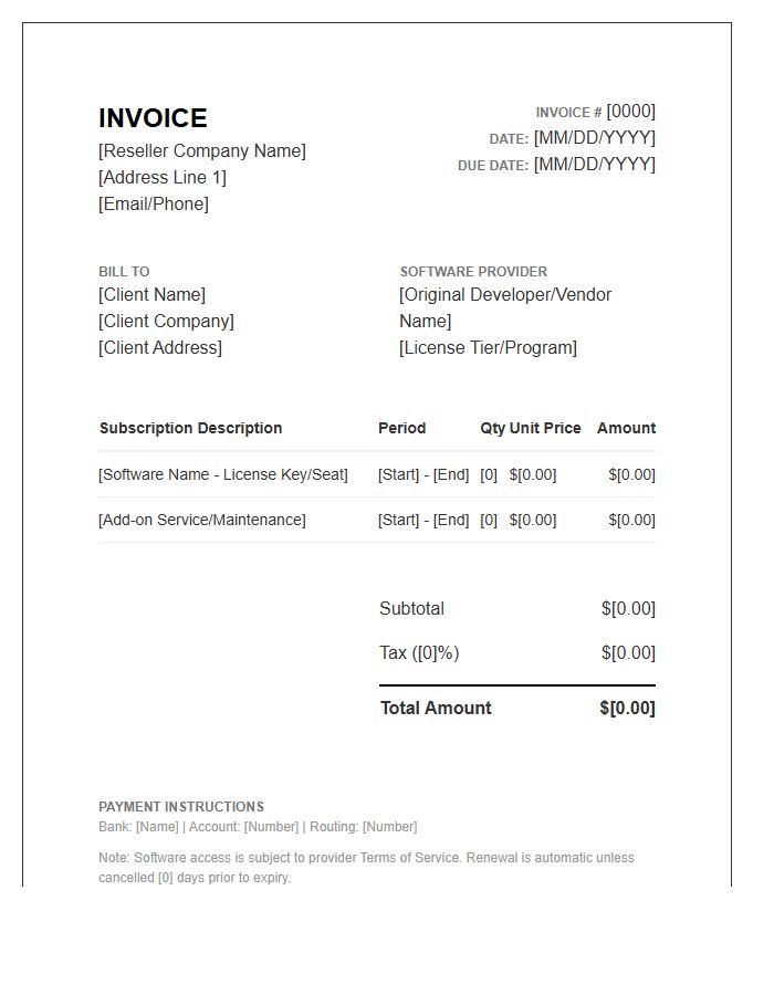 Subscription Software Reseller Invoice Template