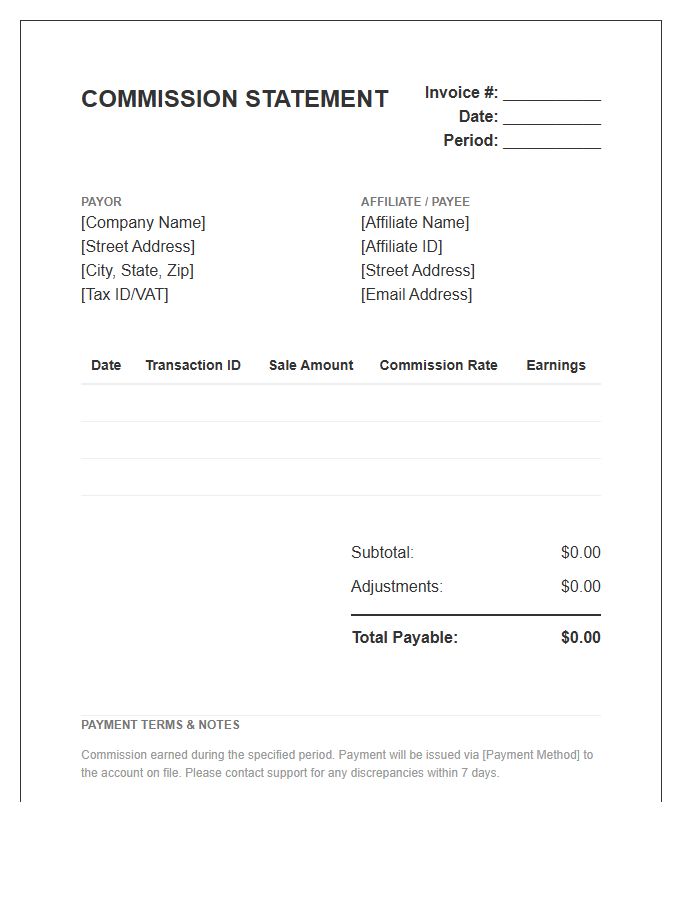 Affiliate Commission Statement Invoice Template
