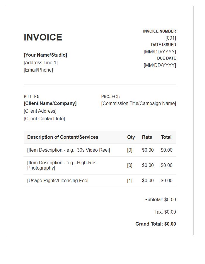 Content Creation Commission Invoice Template