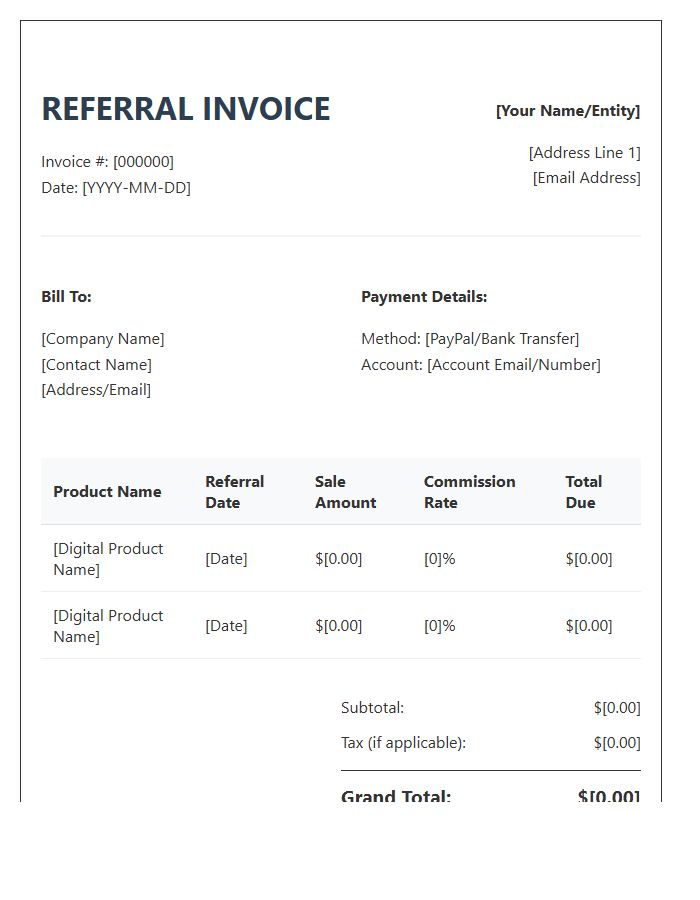 Digital Product Referral Invoice Template