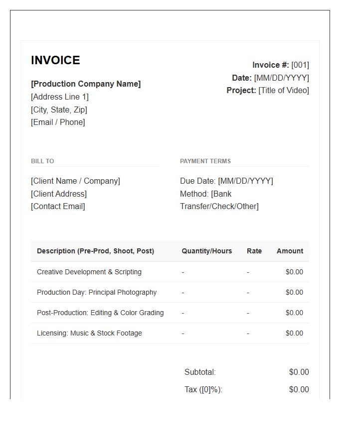 Video Production Commission Invoice Template