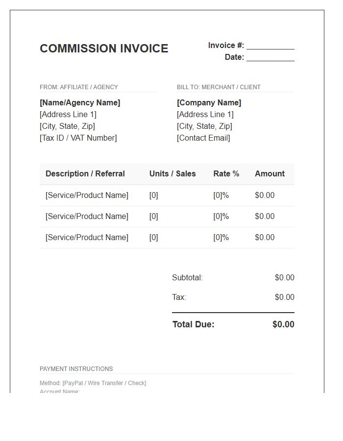 Agency Affiliate Commission Invoice Template