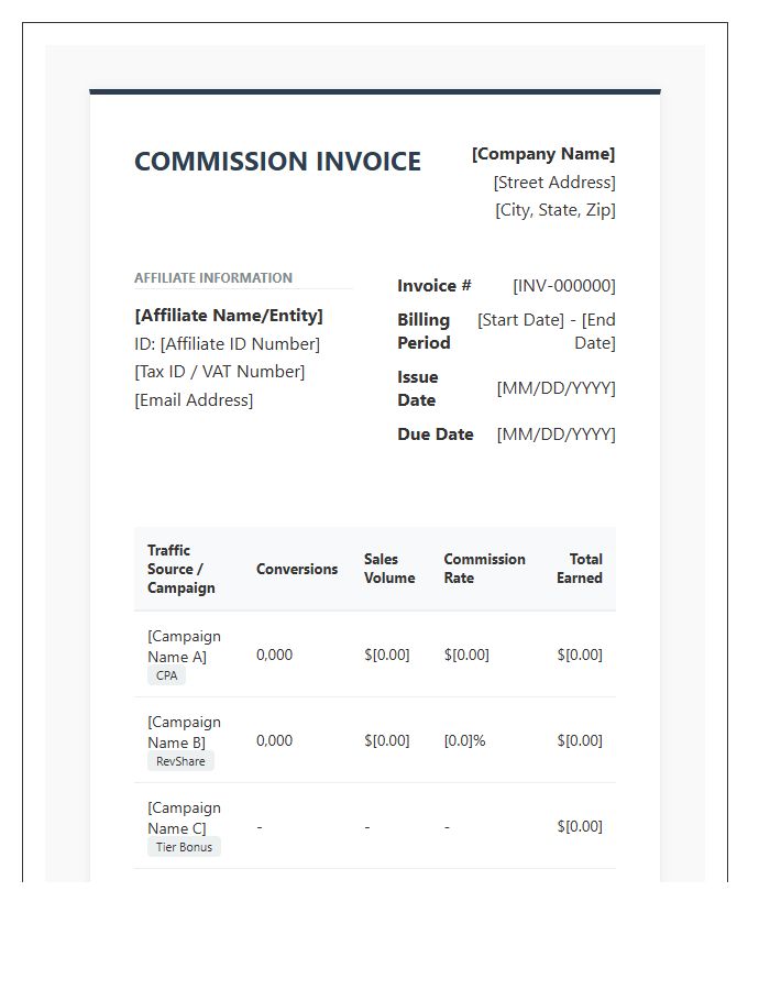 High Volume Affiliate Commission Invoice Template