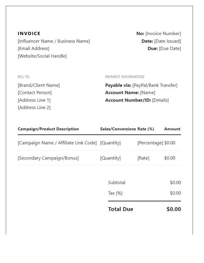 Influencer Commission Invoice Template