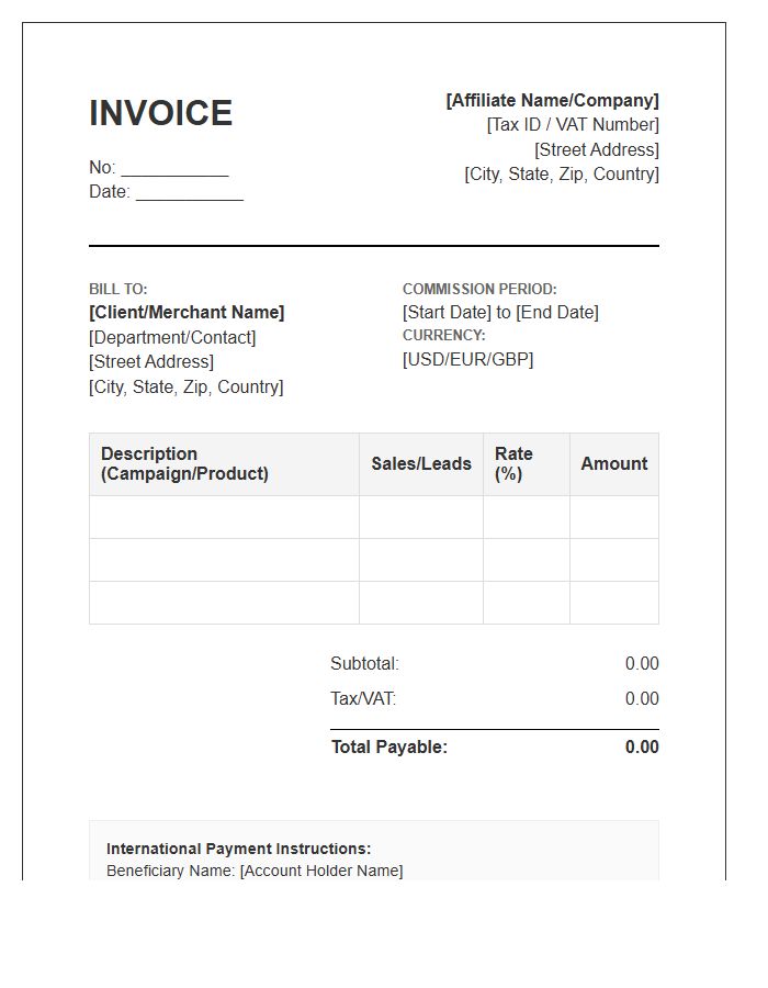 International Affiliate Commission Invoice Template