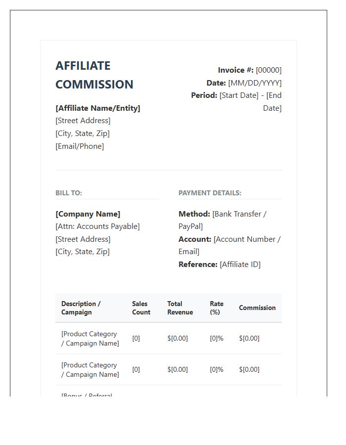 Professional E-commerce Affiliate Commission Invoice Template