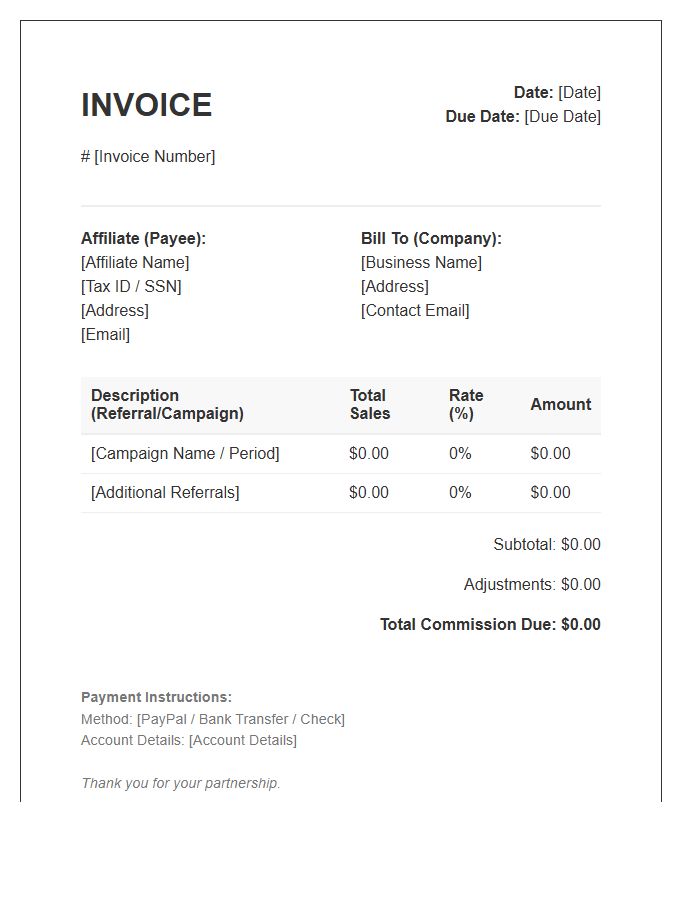 Small Business Affiliate Commission Invoice Template