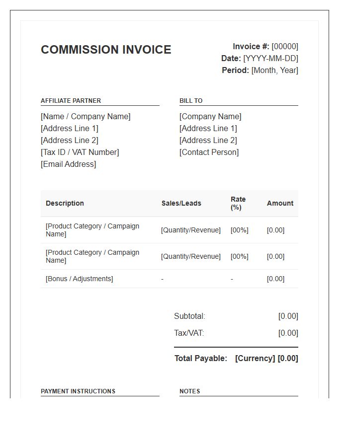 Standard Affiliate Partner Commission Invoice Template