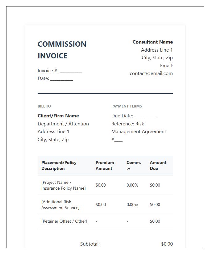Risk Management Consultant Commission Invoice Template