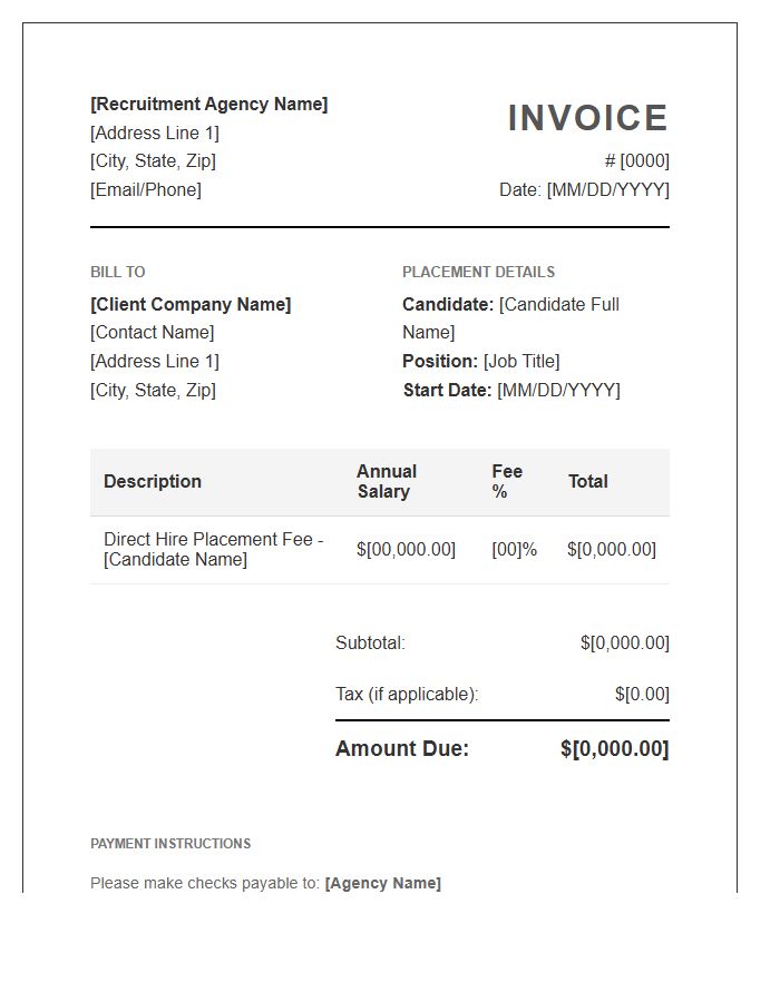 Direct Hire Recruitment Commission Invoice Template