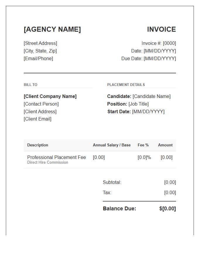 Employment Agency Commission Invoice Template