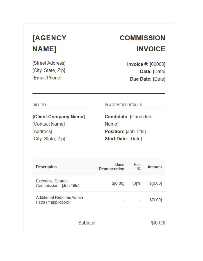 Executive Search Recruitment Agency Commission Invoice Template