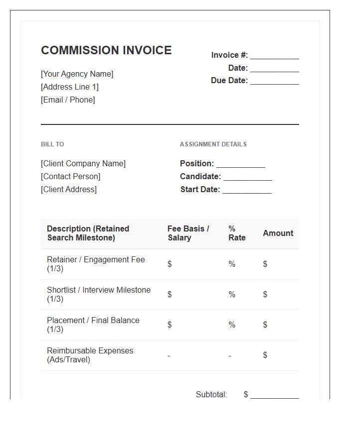 Retained Search Recruitment Commission Invoice Template