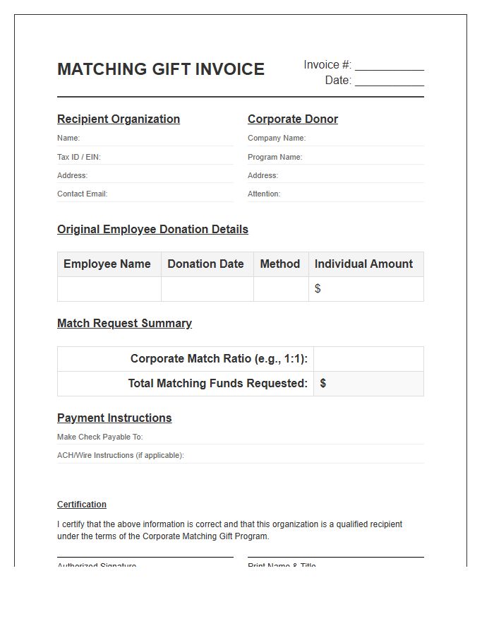 Corporate Matching Gift Invoice Template