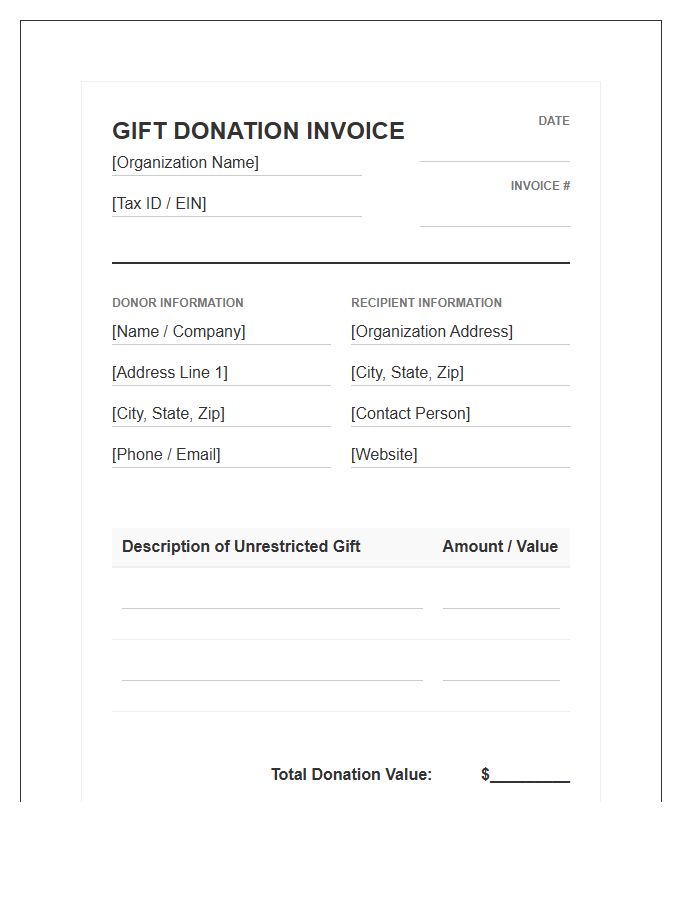 Unrestricted Gift Donation Invoice Template
