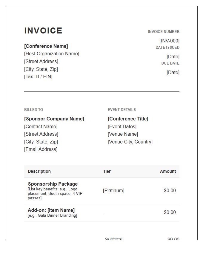 Professional Conference Sponsorship Invoice Template