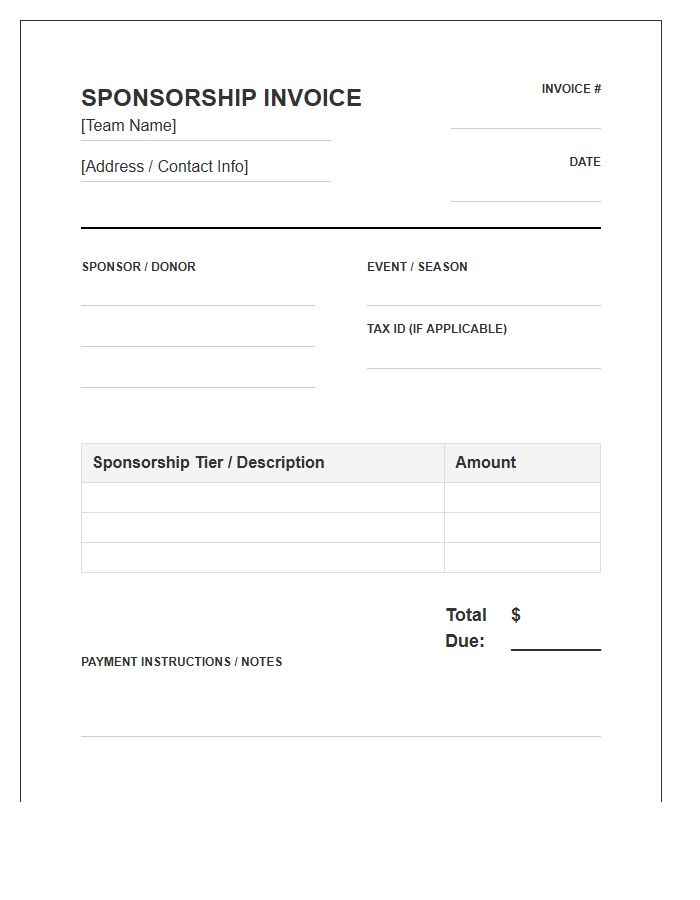 Sports Team Sponsorship Donation Invoice Template
