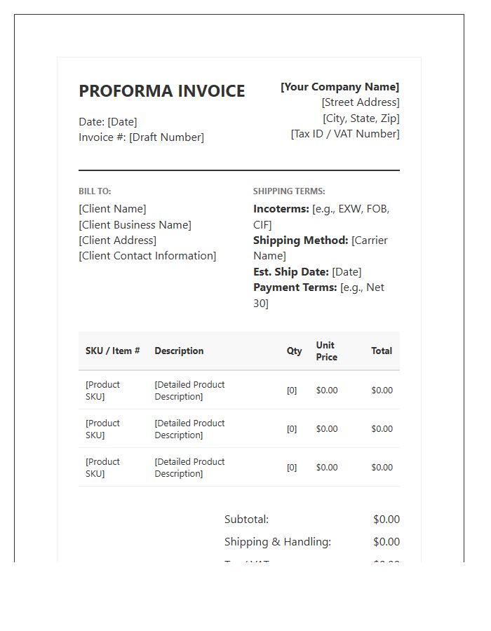 Commercial Product Inventory Proforma Invoice Template