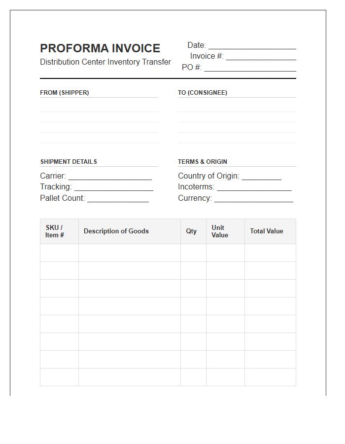 Distribution Center Inventory Proforma Invoice Template
