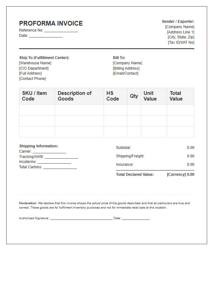 E-commerce Fulfillment Inventory Proforma Invoice Template