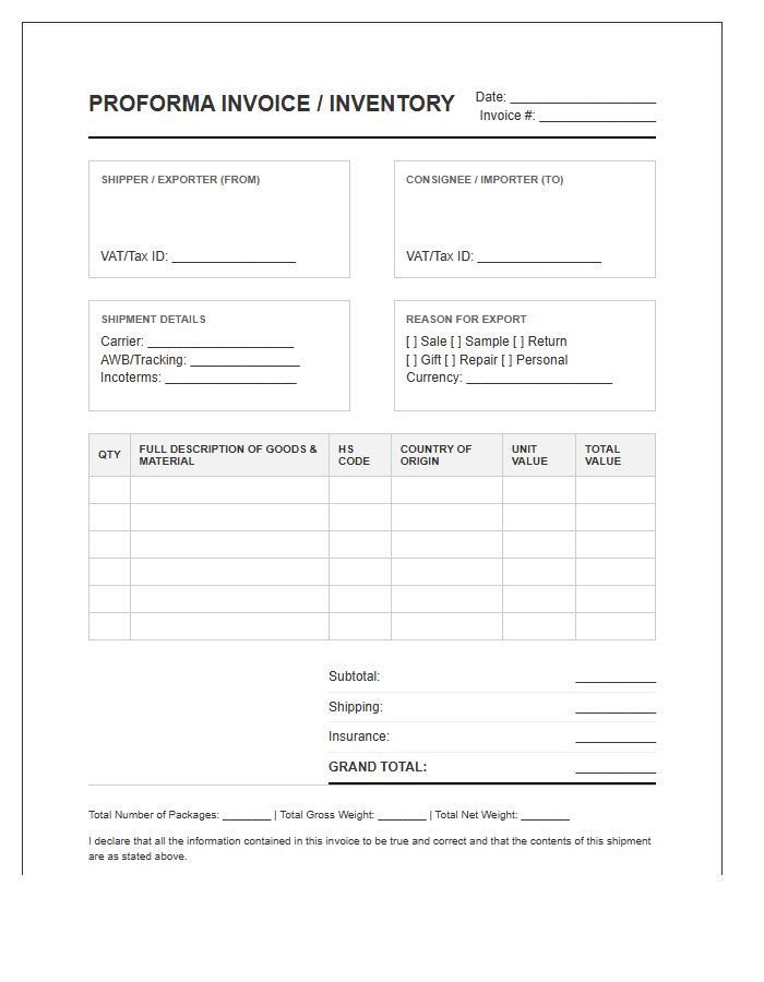 International Shipping Inventory Proforma Invoice Template