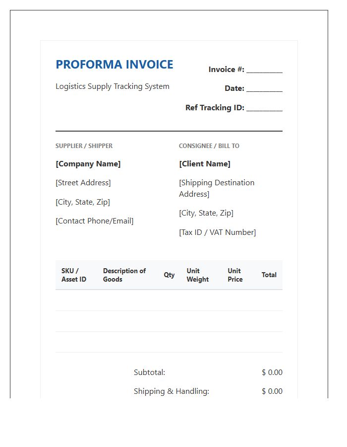 Logistics Supply Tracking Proforma Invoice Template