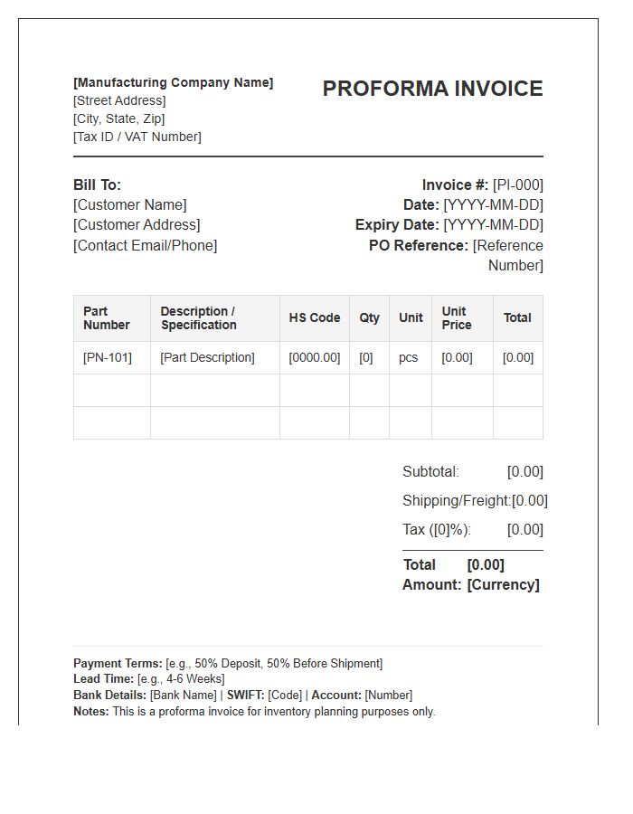 Manufacturing Parts Inventory Proforma Invoice Template