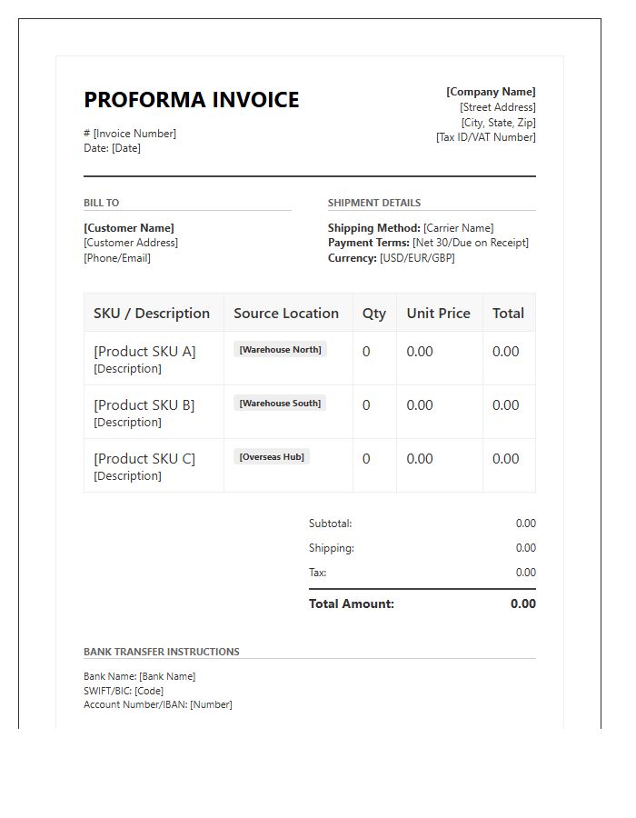 Multi Location Stock Proforma Invoice Template