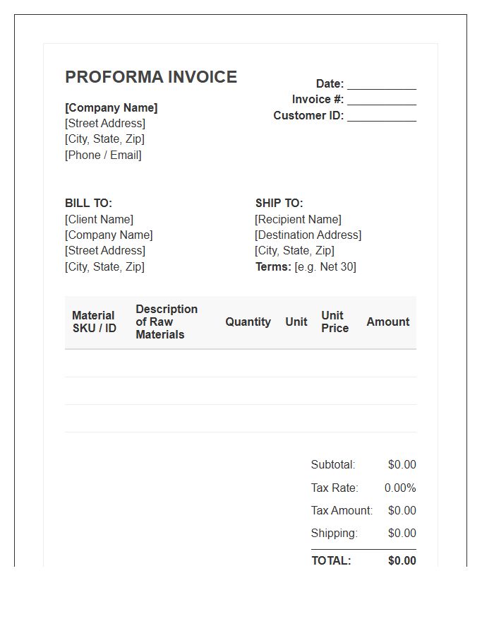 Raw Materials Inventory Proforma Invoice Template