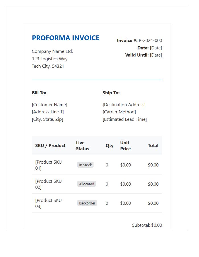Real Time Stock Tracking Proforma Invoice Template