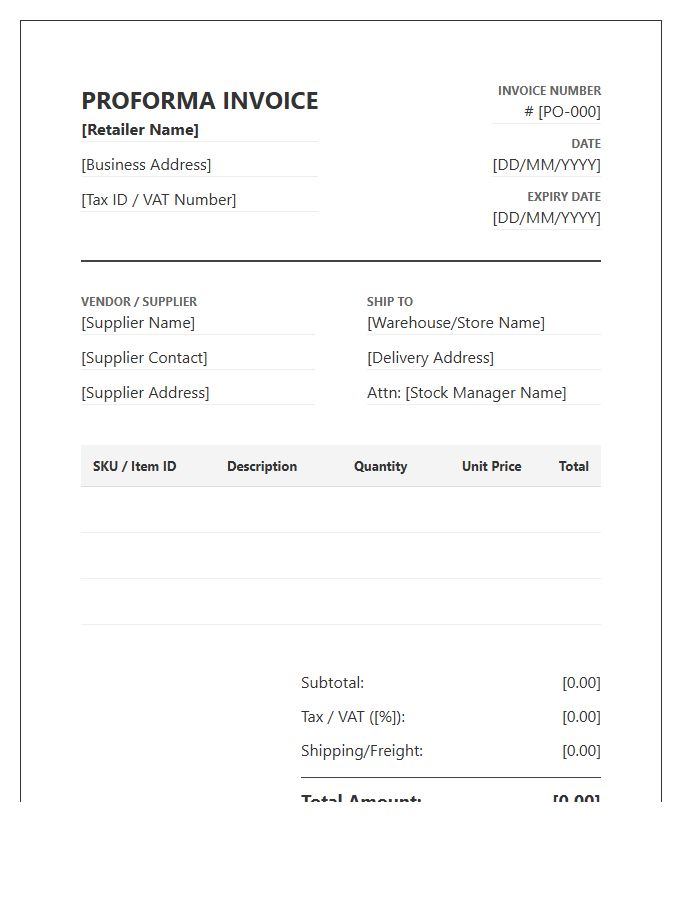 Retail Stock Management Proforma Invoice Template