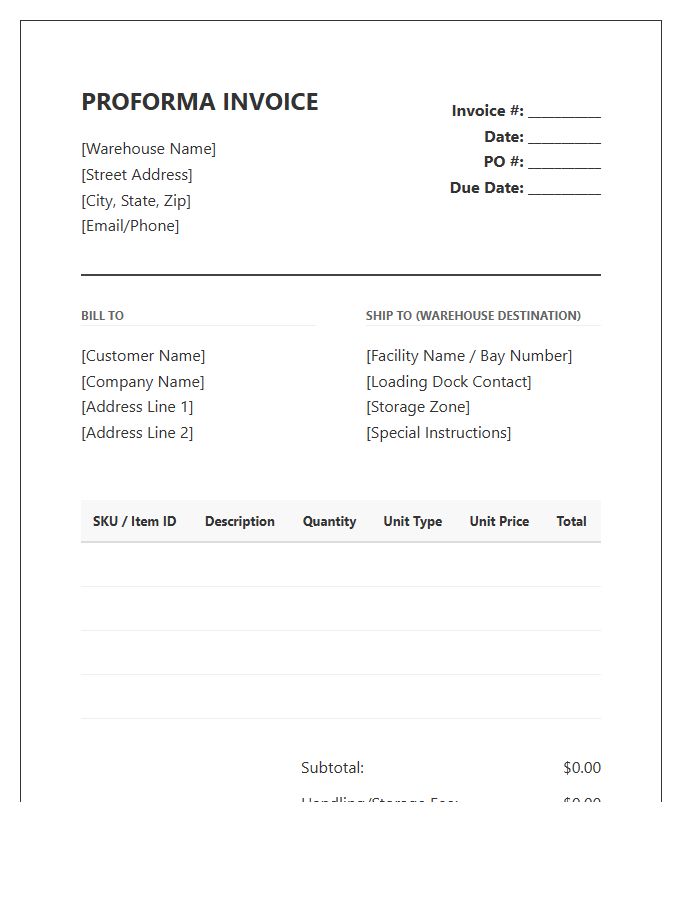 Warehouse Inventory Tracking Proforma Invoice Template