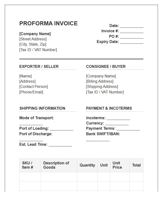 Wholesale Supply Chain Proforma Invoice Template