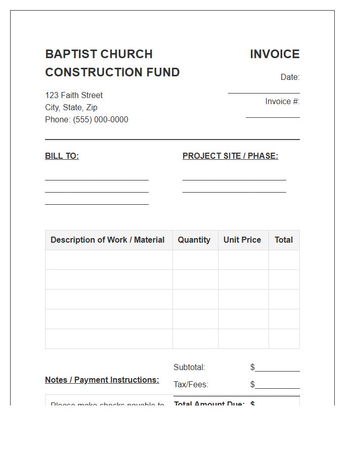 Baptist Church Construction Fund Invoice Template