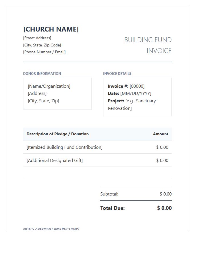 Church Building Fund Donation Invoice Template