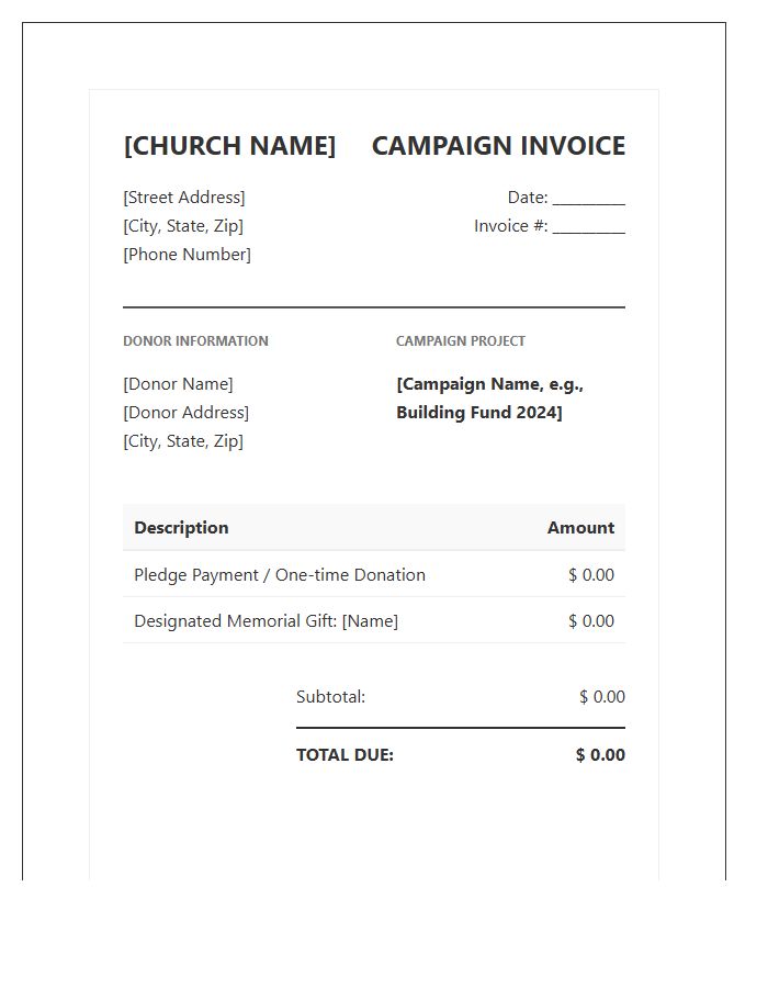 Church Capital Campaign Donation Invoice Template