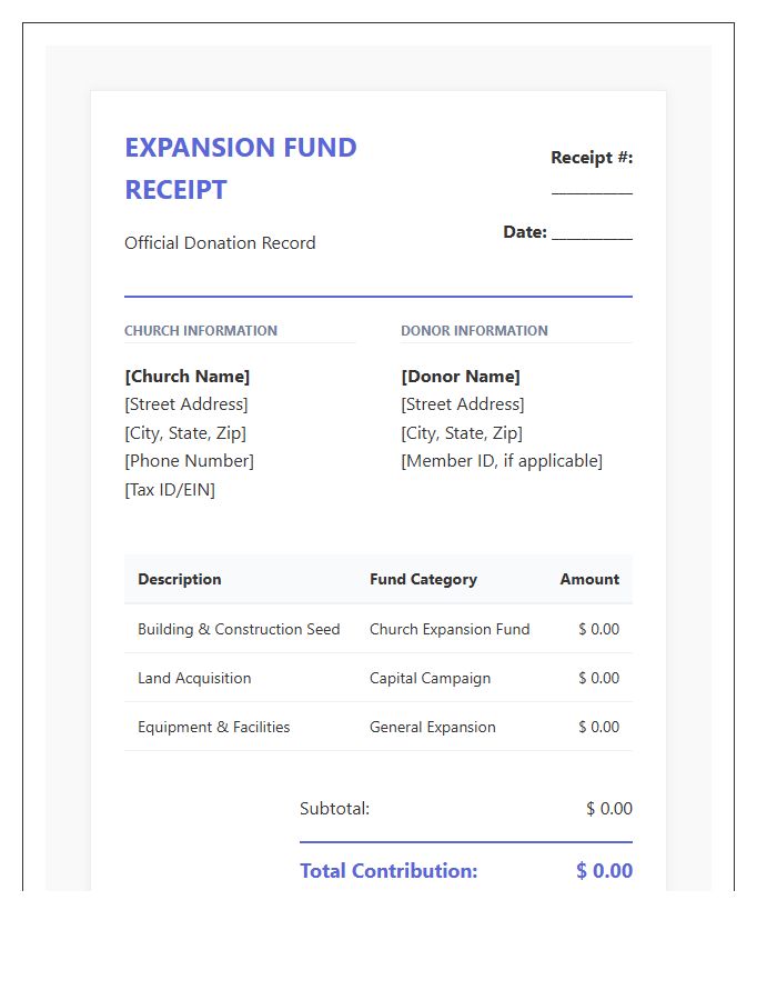 Church Expansion Fund Receipt Invoice Template