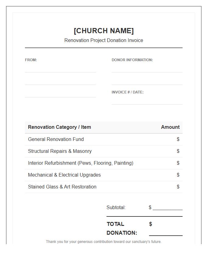 Church Renovation Project Donation Invoice Template