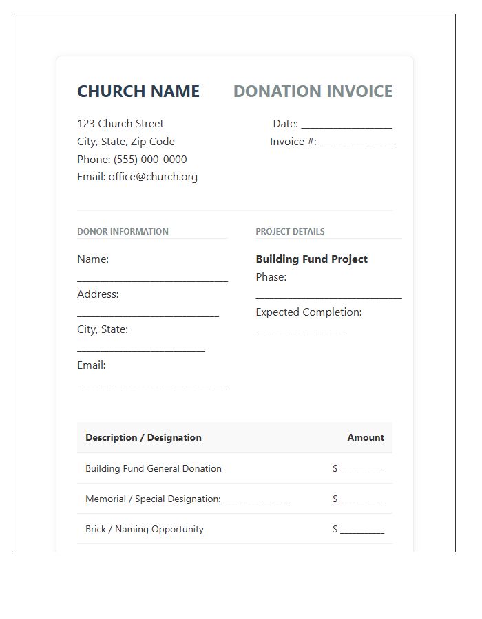 Nonprofit Church Building Donation Invoice Template