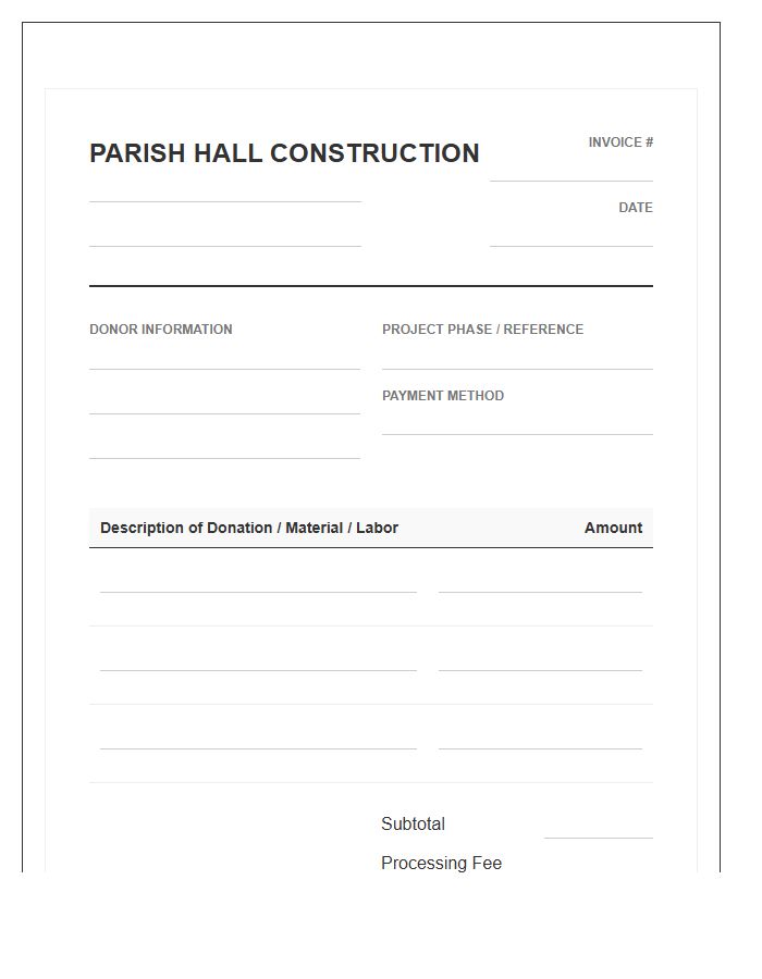 Parish Hall Construction Donation Invoice Template