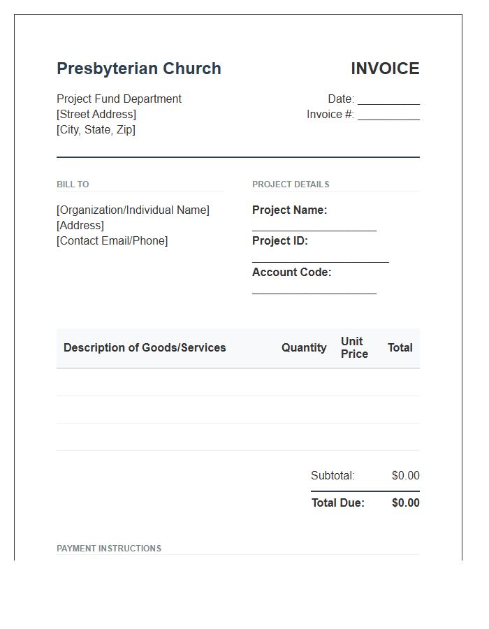 Presbyterian Church Project Fund Invoice Template