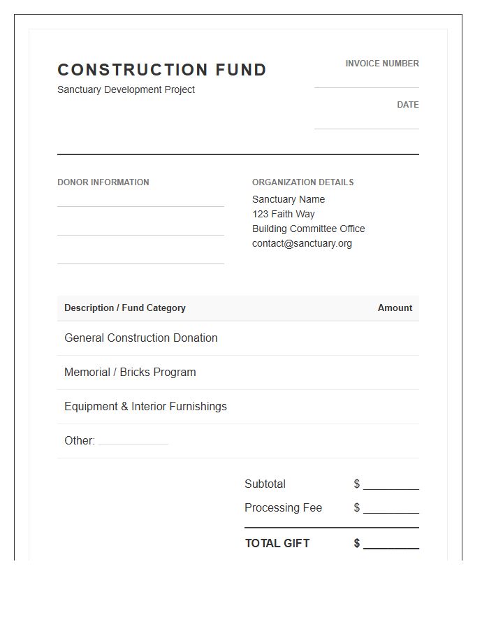Sanctuary Construction Fund Donation Invoice Template