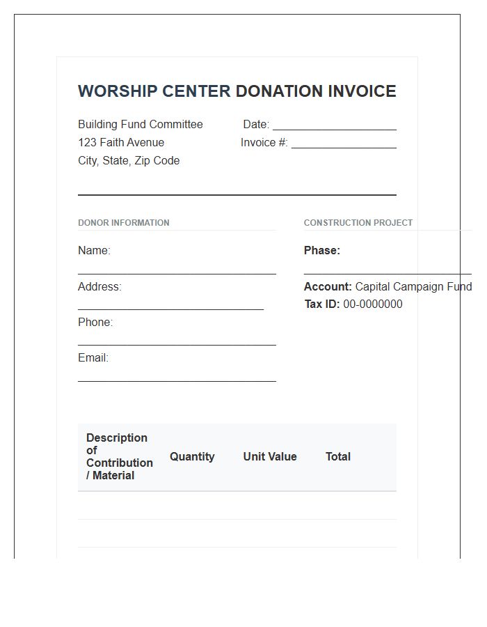 Worship Center Construction Donation Invoice Template