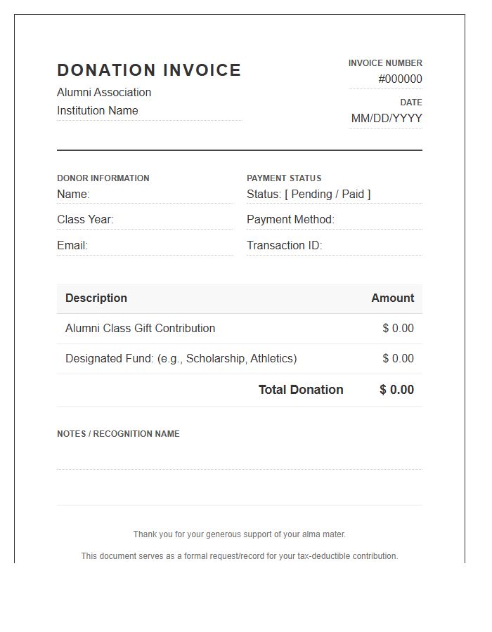 Alumni Class Gift Donation Invoice Template