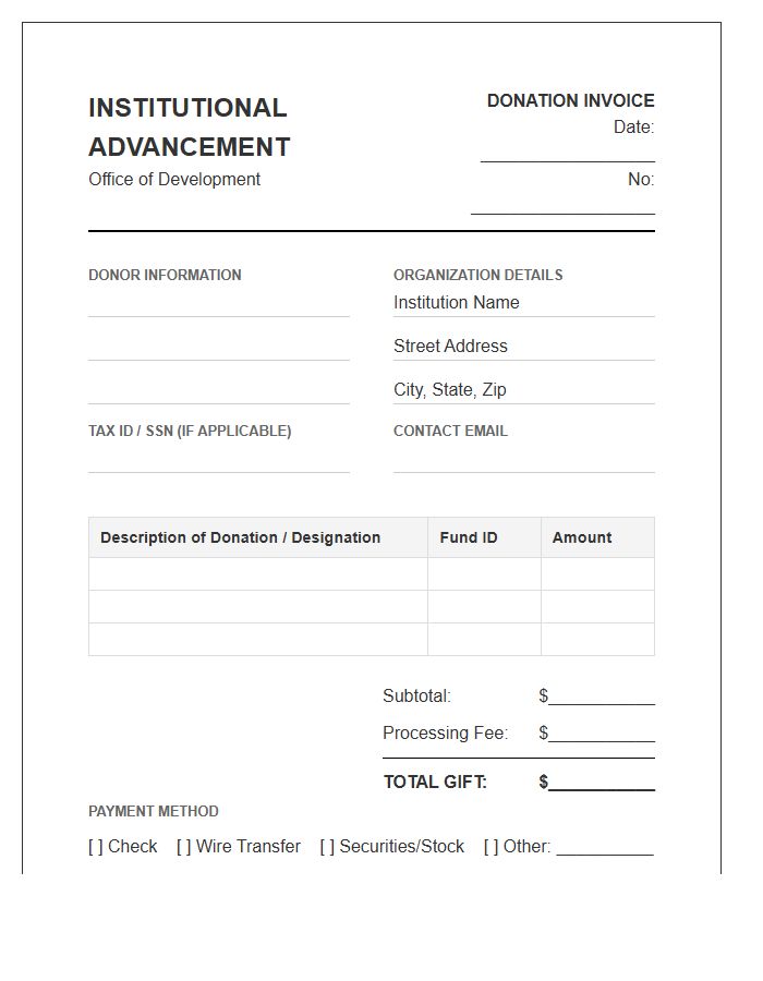 Institutional Advancement Donation Invoice Template